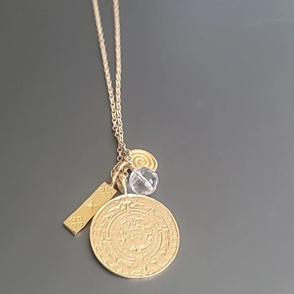 NWT Women's Necklace Gold Handmade Aztec Medallion Charms Quartz Boho Layering - Picture 4 of 8